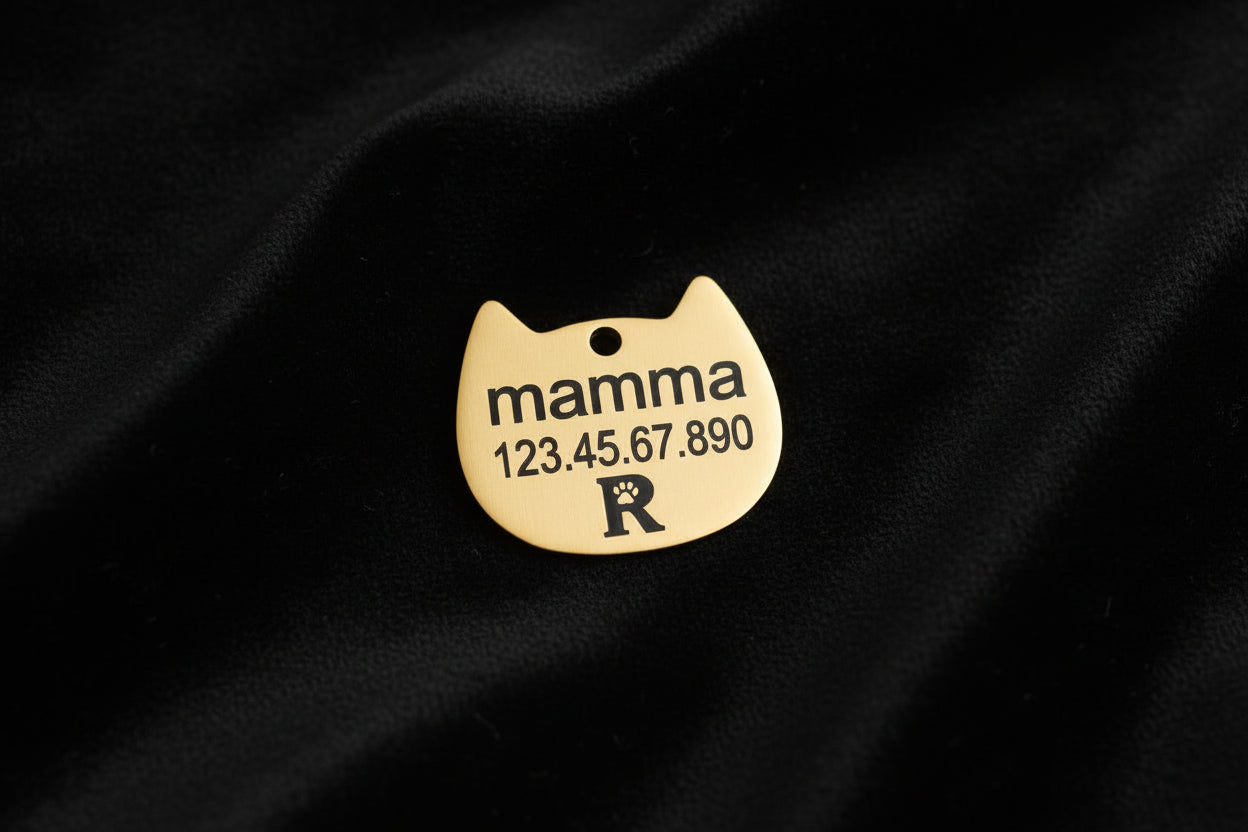 medaglietta personalizzata a forma di sagoma di una testa di gatto con scritto mamma e numero di telefono. La medaglietta è color oro