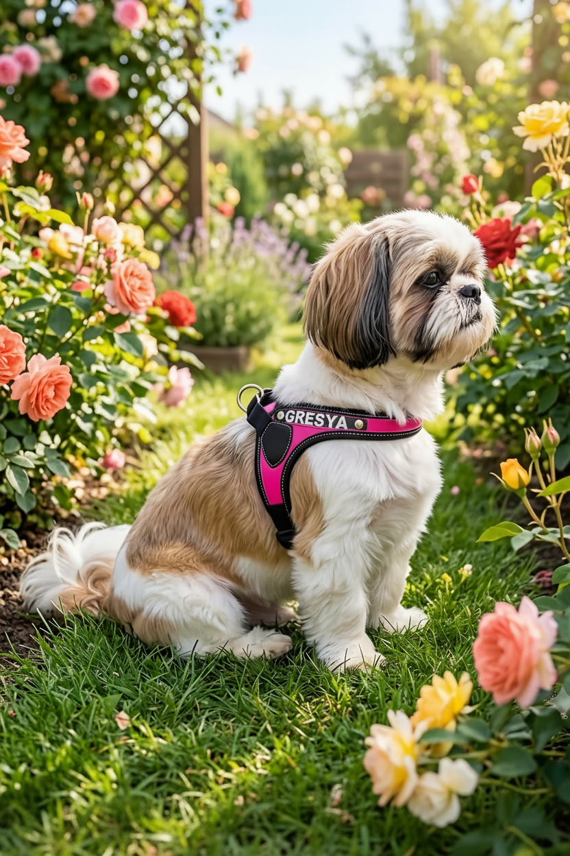 Un cane di razza Shitzu indossa una pettorina personalizzata con il suo nome