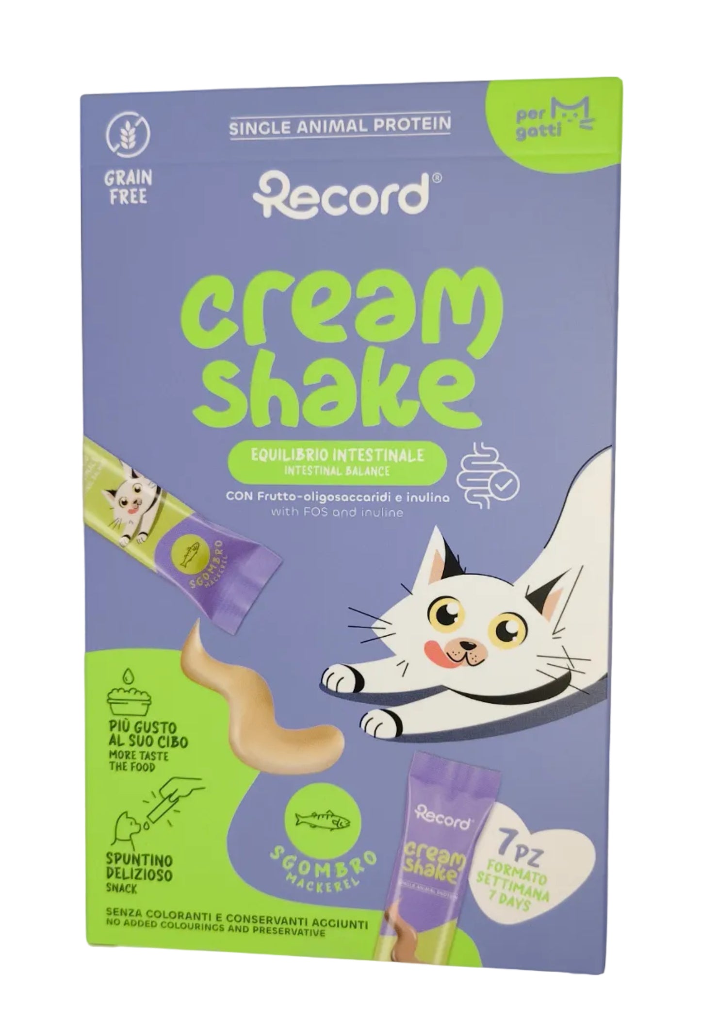 Snack funzionale per gatti Cream shake, Benessere Intestinale, Sgombro, 7x12g, Record