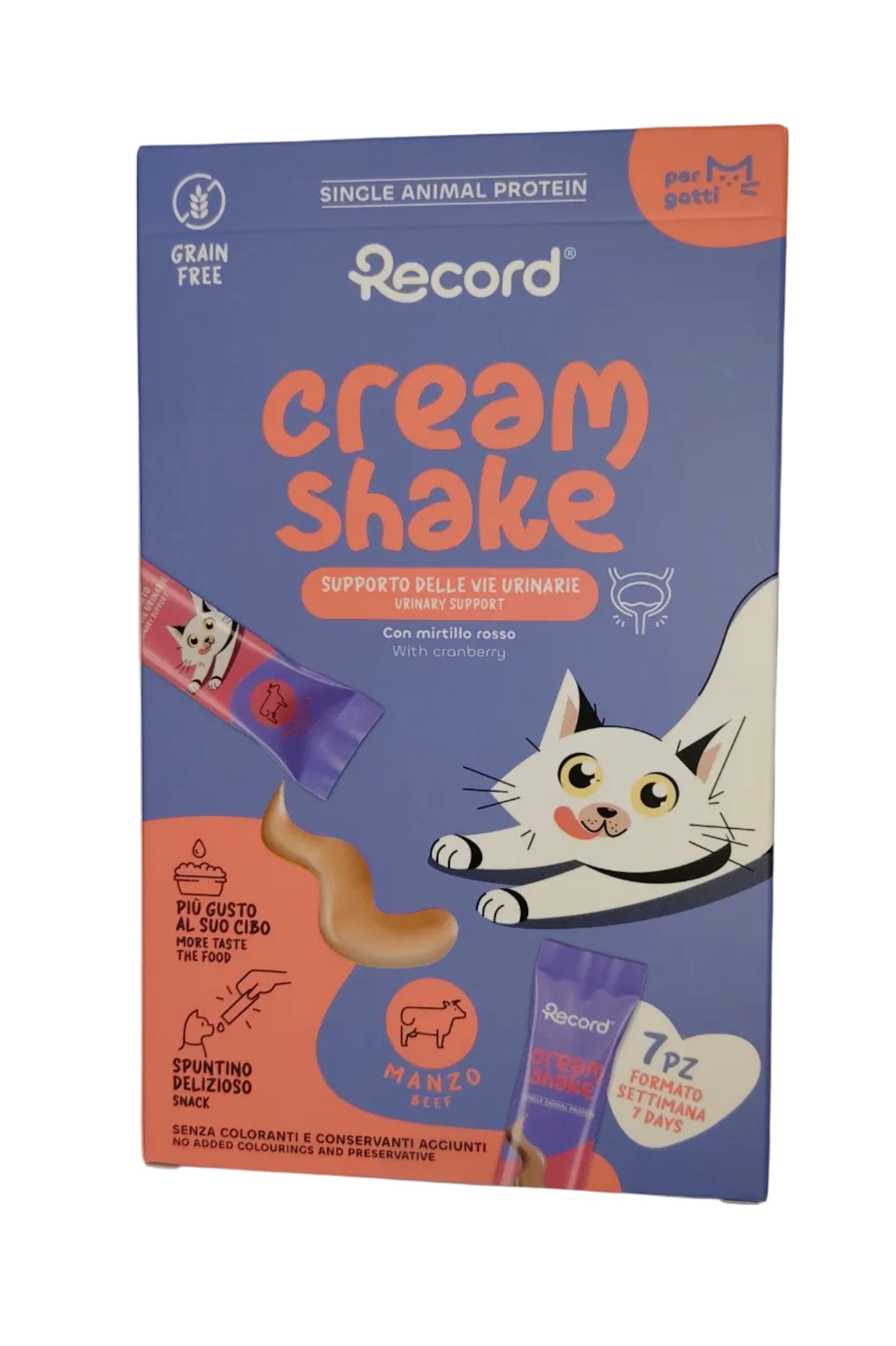 Snack funzionale per gatti Cream shake, Benessere delle vie Urinarie, Manzo, 7x12g, Record