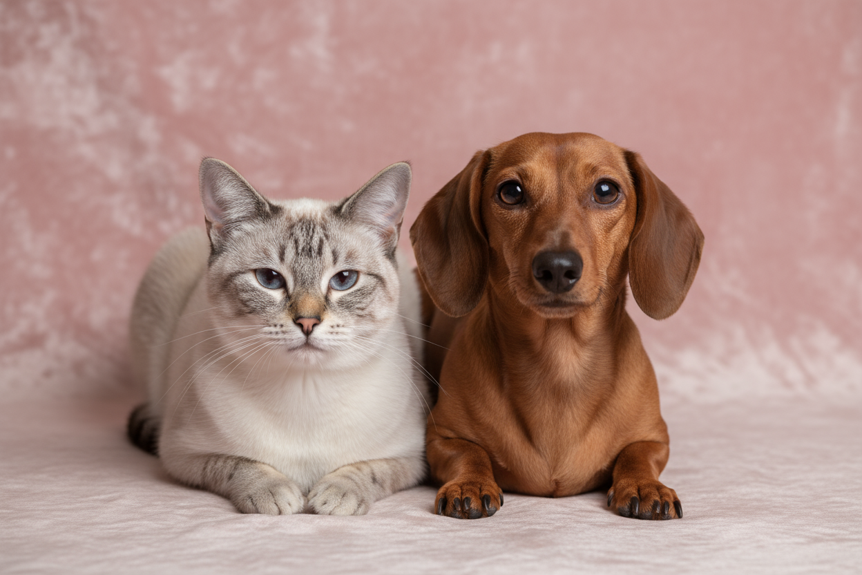 crea immagine con sfondo rosa antico e sotto la metà un cane bassotto coricato sulla pancia che mi guarda e a fianco al cane un gatto siamese bianco e grigio coricato per terra serio