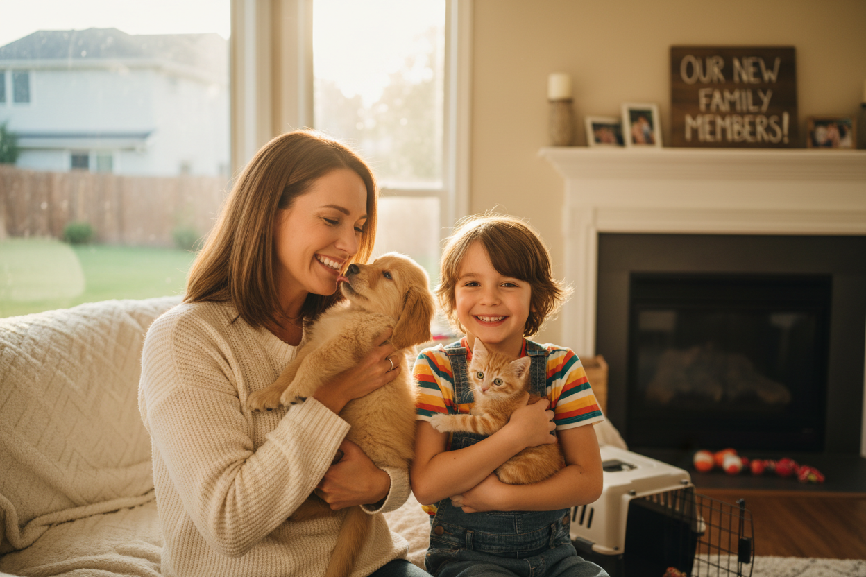 crea immagine di una donna che è felice di aver adottato il suo cucciolo di cane e lo tiene in braccio e vicino a lei il suo bambino di 7 anni felice di tenere un cucciolo di gatto 