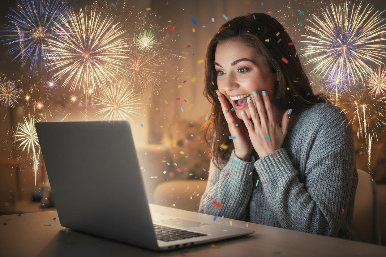crea immagine di una donna con la faccia felicemente stupita mentre guarda il suo pc e legge che c'è la spedizione gratuita e tutto attorno a lei scoppiano fuochi d'artificio