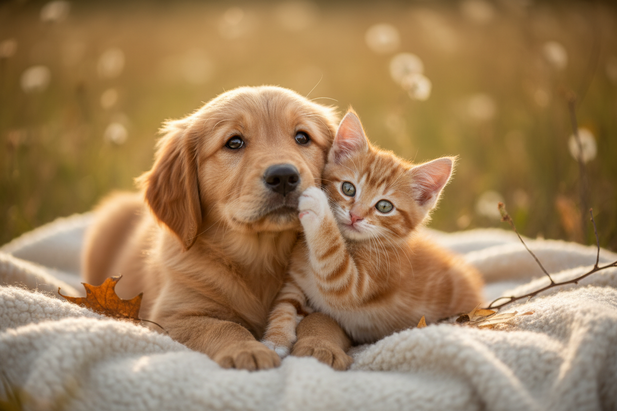 crea immagine realistica con un cucciolo tenero di cane e un cucciolo tenero di gatto