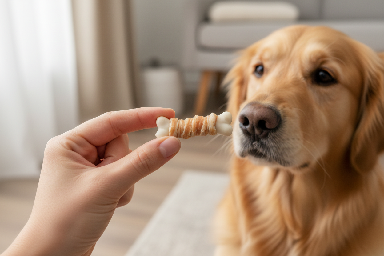 un cane sta aspettando che la sua padrona gli faccia mangiare il suo snack preferito a forma di ossetto con filetto di pollo e merluzzo arrotolato