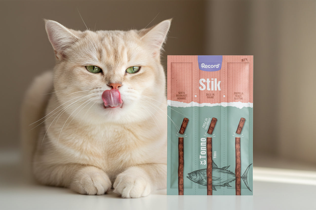 Gustoso snack per gatti "Stik" ad alto contenuto di carne, 6g, Tonno o Pollo, Record